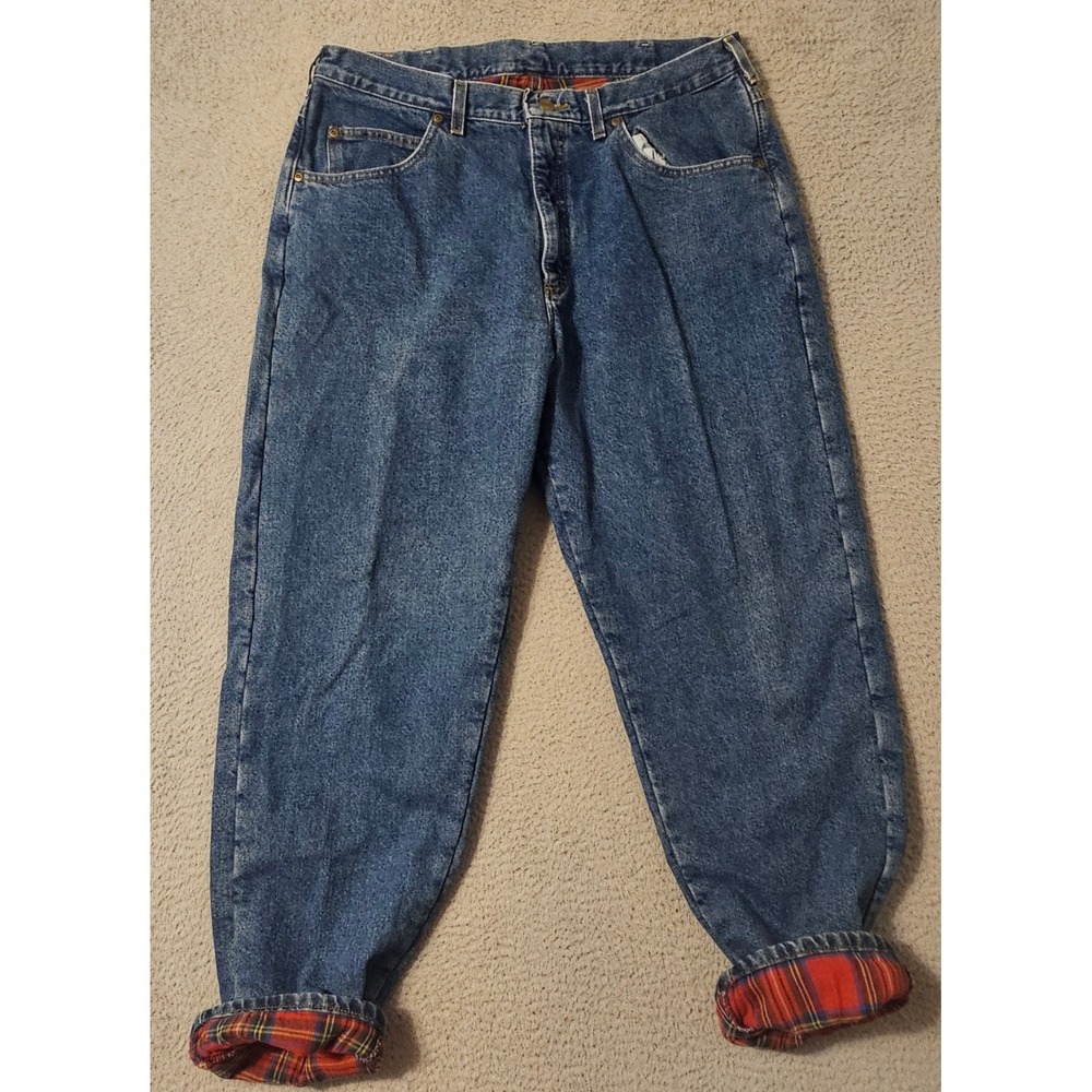 LL Bean Flannel Lined Jeans Mens 38x30‎ Blue Denim Plaid Made in USA Medium Wash